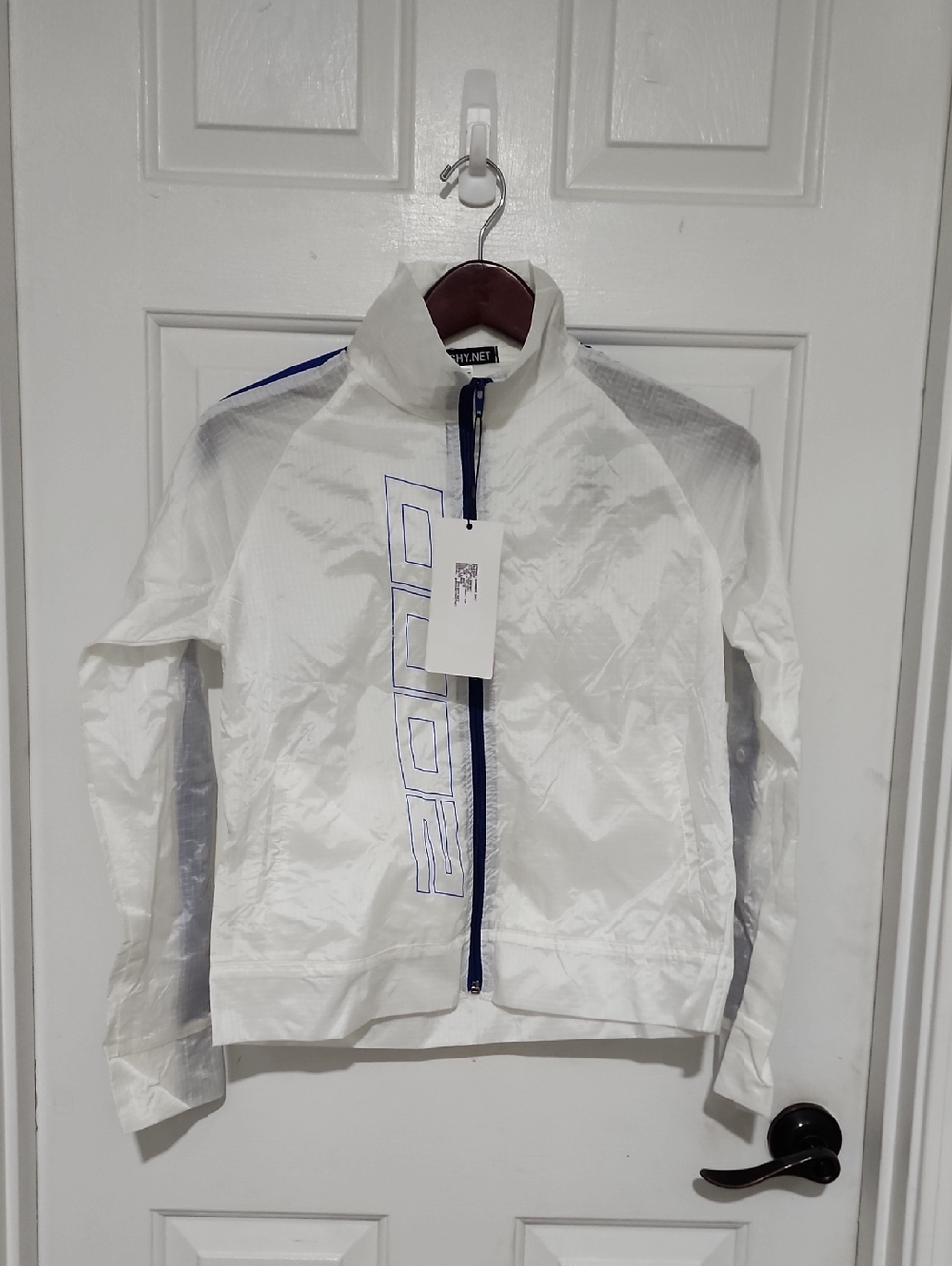 White Lightweight Zip Jacket with Blue Trim